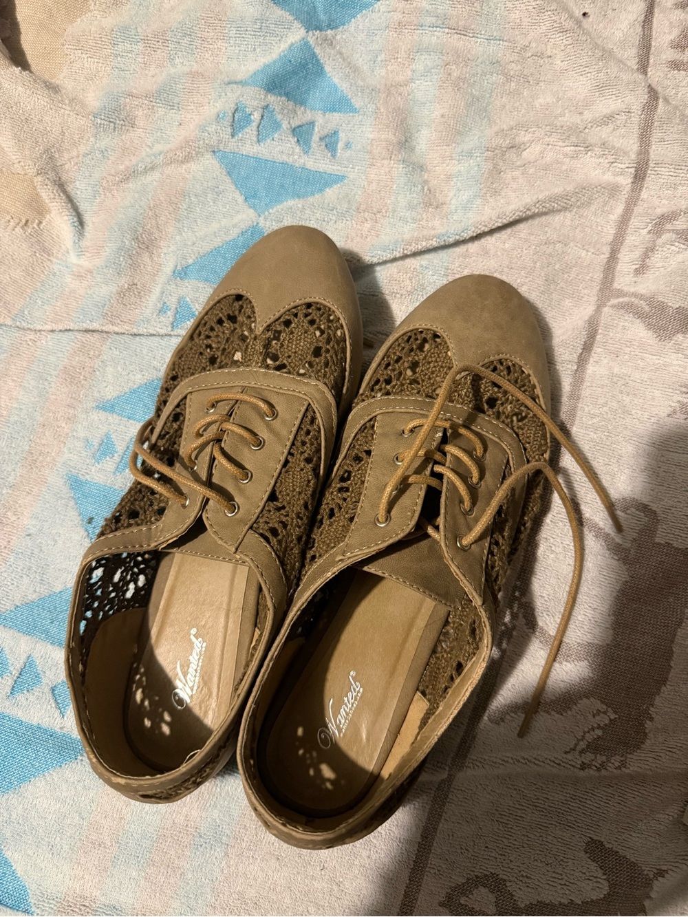 Wanted Tan Crochet Lace-Up Flats